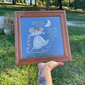 Vintage Astor Place Guardian Angel Cross Stitch Framed Above My Bed Moon 11x11